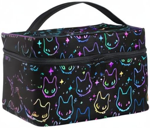 Goth Makeup Bag, Colorful Neon Cat Heads Makeup Organizer Bags Toiletry Bag Box Travel Cosmetic Bag Make Up Train Case for Women Teen Girl Ladies