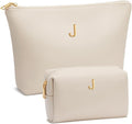 Women Gifts | Initial Makeup Bag Set for Girl Personalized Gifts for Bridesmaid Friend Graduation Teachers PU Leather Cosmetic Travel Toiletry Bag(Beige,J)