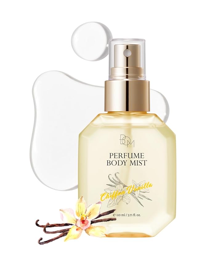 BOM Chiffon Vanilla Body Mist 3.71 Fl Oz, Vanilla Scented Fine Mist with Hyaluronic Acid, Niacinamide & Vitamin C, Hydrating, Lightweight, Long Lasting Fragrance, Korean Skincare