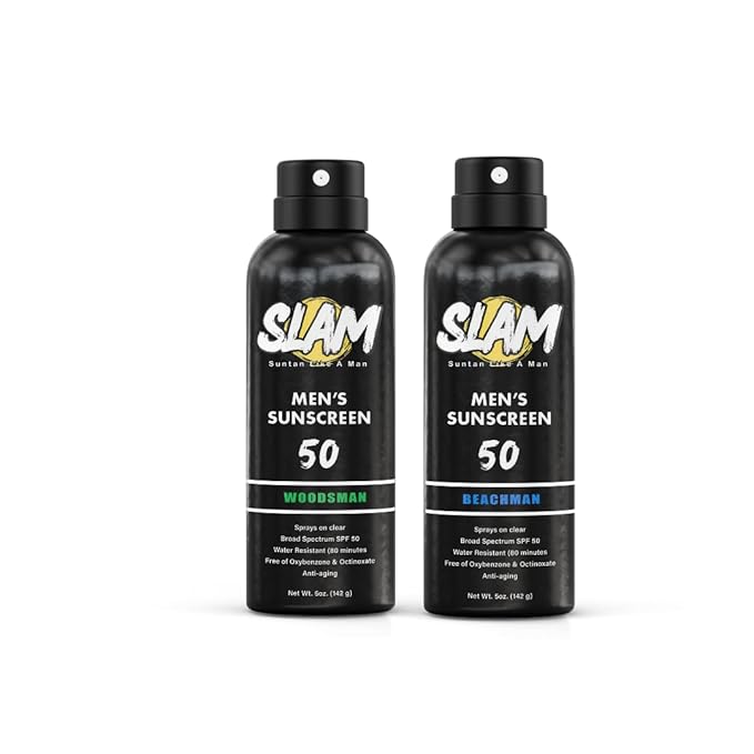 SLAM WoodsMan & BeachMan Bundle - Men's Scented Sunscreen, Sunscreen Spray, Water Resistant, Paraben Free, Broad Spectrum UVA/UVB (Large, 50, Sun Protection Factor (SPF))