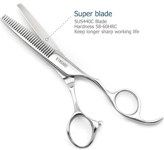 5.5" Hair Thinning Scissors Barber Scissors Professional Sharp Hairdresser Hair Thinning Shears 28 Teeth 440C Silvery Convex Edge Blade Blind Hole KINSARO for Hairdresser Barber or Home Use