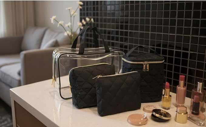 4-Piece Quilted Makeup Bag Gift Set, with Clear Cosmetic Travel Case, Water Resistant, Gold Zippers, Black