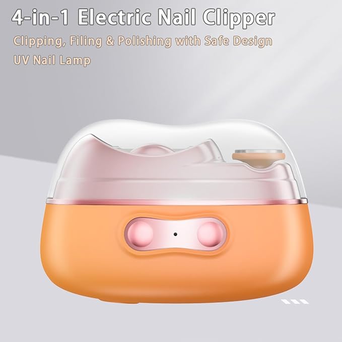 4-in-1 Electric Nail Care Kit for Senior Women, Easy-Grip Rechargeable Nail Clipper & File with Gentle Grinding Heads, and UV Lamp, Manicure Tool for Thick Nails & Steady Hands (Orange)
