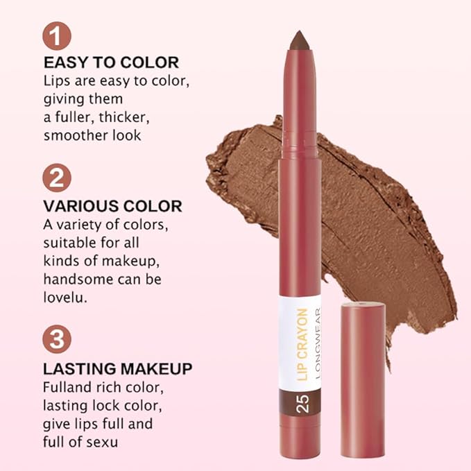 BINGBRUSH Lip Crayons Matte Longwear Lipstick Pack Set,Moisture Smooth Lipliner With Built-in Sharpener Ultimate Lip Crayon for Makeup- Waterproof Velvet Lipgloss Lip Stain(25#Saddle Brown)