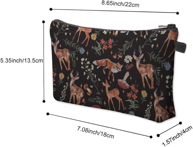 Small Makeup Bag Cosmetic Bag for Women, Pretty Design Organizer Case with Zipper Closure, Lightweight and Water-Resistant Make Up Bag - 8.65"x 5.35" x 7.08"（Sika Deer & Fox）