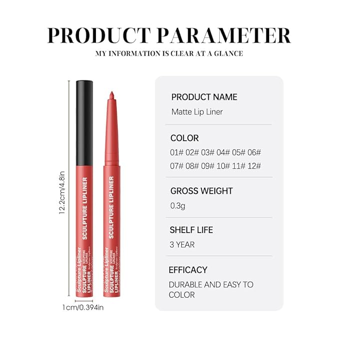 12 Colors Matte Lip Liner Pencil – Long Lasting Waterproof Lip Liner, Smudge Proof Transfer Proof Lip Pencil, High Pigment Lip Makeup for Defining & Filling Lips (04#, 1PCS)