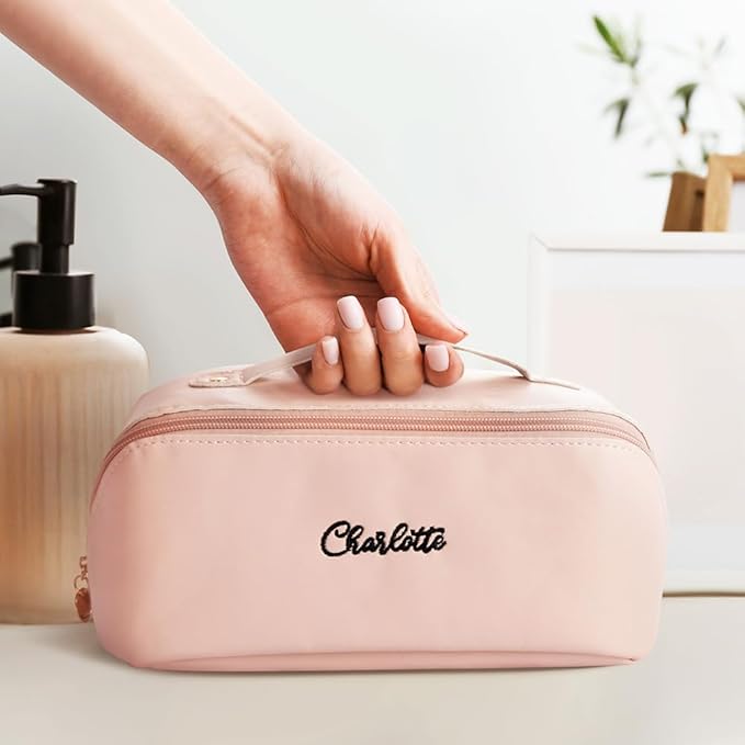 Personalized Open Flat Travel Makeup Bag with Name Real Leather Lazy Lay Flat Cosmetic Bags for Women Custom Toiletry Bag Womens Makeup Case Organizer Small Make Up Pouch for Traveling Large Capacity