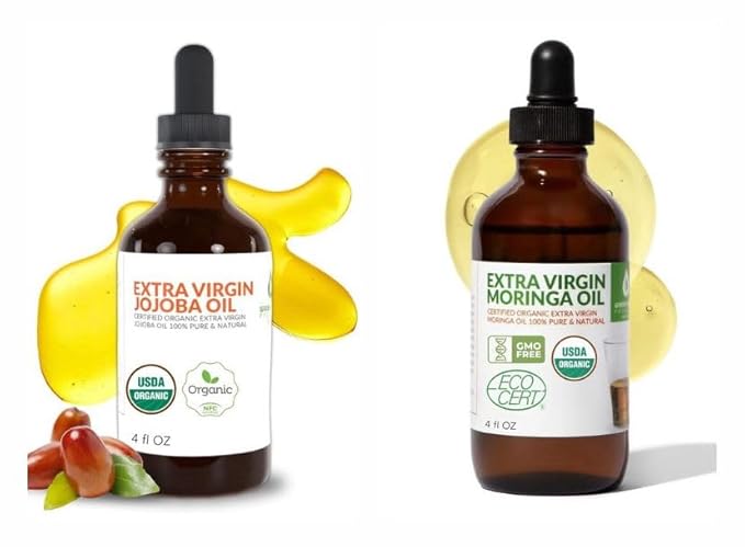 Organic Moringa & Jojoba Oil Bundle – 100% Pure, Cold Pressed, Extra Virgin, Food Grade Oils for Face, Hair & Body – Deep Moisturizing, Anti-Aging & Nourishing Skin Care Duo (2 x 4oz Bottles)