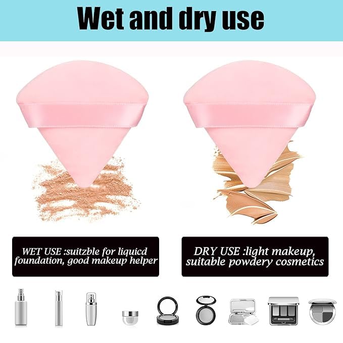 4 facial soft triangle puffs, wet and dry makeup tools, used for powder, mineral powder, body powder, foundation make-up, washable powder puffs (Pink)