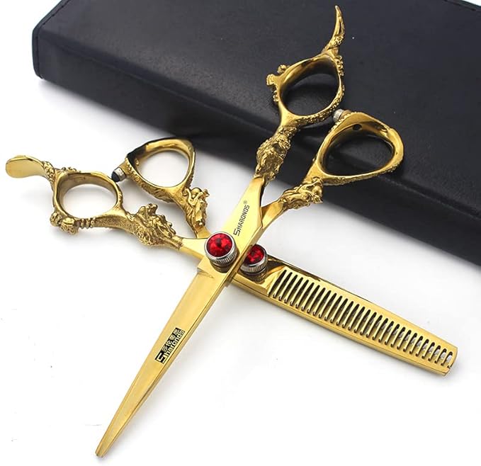 Gold Dragon Professional Hairdressing Scissors - 7/7.5/8 Inch, Gold and Black, 6 Inch 2-Piece Set