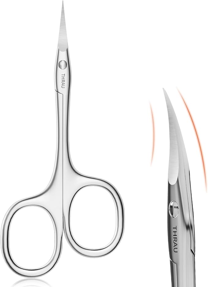 THRAU Left-Handed Cuticle Scissors – Surgical Grade Stainless Steel with Sharp Curved Tip for Cuticles, Nails, Eyebrows, Eyelashes, Nose Hair & Beard – Ideal for Manicure & Precise Grooming