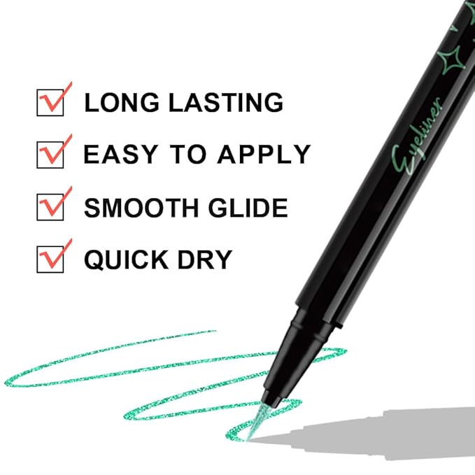 evpct 1Pcs Green Glitter Shimmer Liquid Eyeliner Eye Shadow Makeup Pencil Pen, Green Face Body Glitter False Eyelashes Lashes Freckles Accessories, Sparkle Metallic Colored Eyeliner Waterproof Smudge