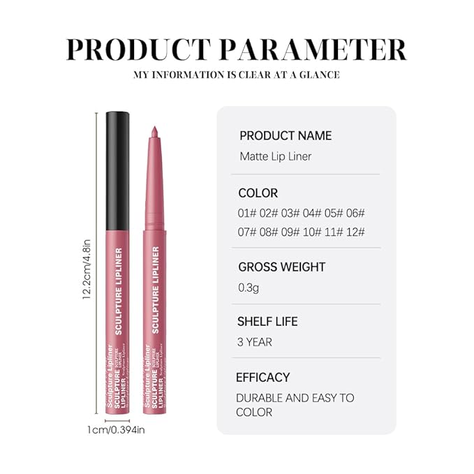 12 Colors Matte Lip Liner Pencil – Long Lasting Waterproof Lip Liner, Smudge Proof Transfer Proof Lip Pencil, High Pigment Lip Makeup for Defining & Filling Lips (12#, 1PCS)