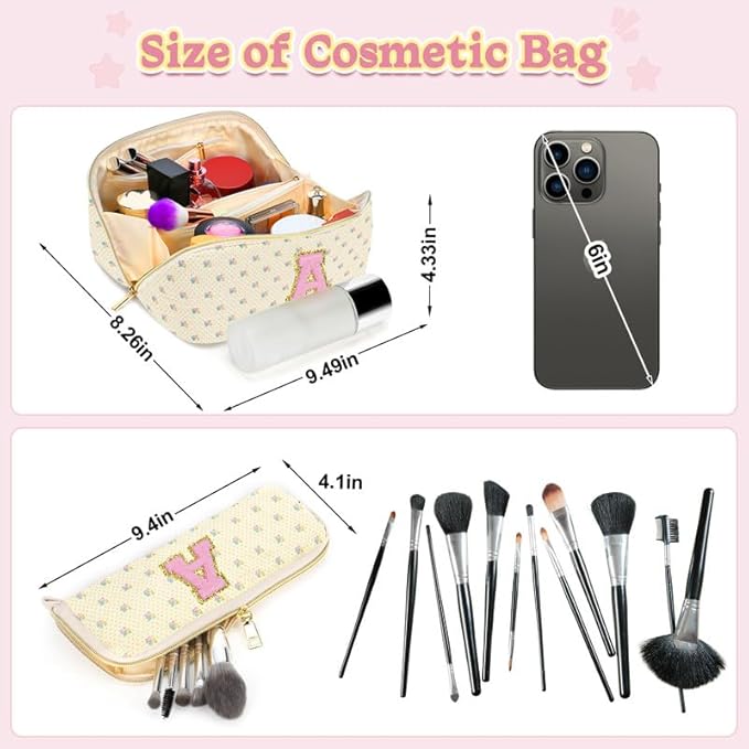 Personalized Travel Makeup Bag Set,Initial Travel Cute Floral Makeup Organizer Bag,Toiletry Skincare Cosmetic Bag,Christmas Gifts for Women/Girls,Open Flat Toiletry Pouch with Brush Pocket-F