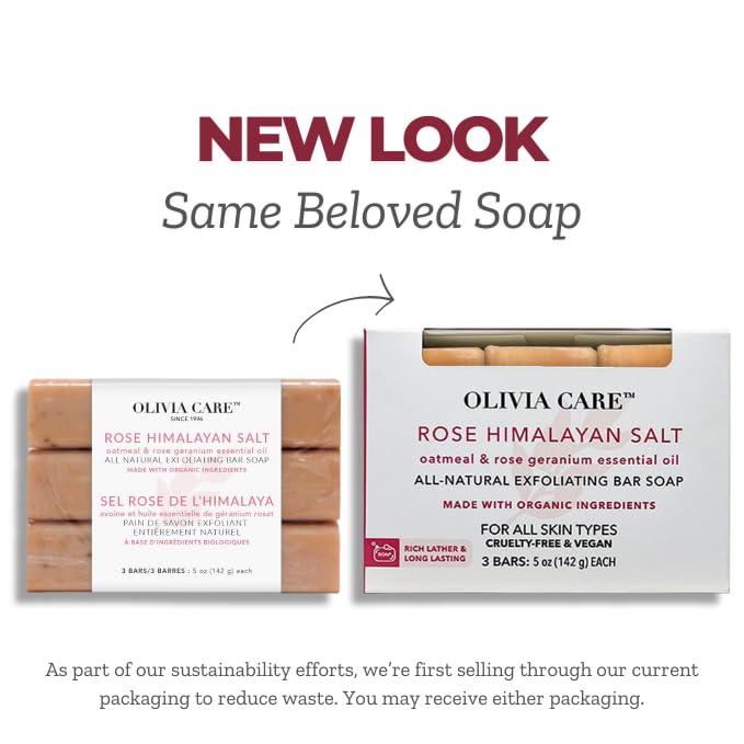 Olivia Care Exfoliating Bar Soap With Rose Himalayan Salt Natural & Organic - Infused w/Oatmeal & Rose Essential Geranium Oil - Moisturize, Detoxify, Hydrate - 3 X 5 OZ