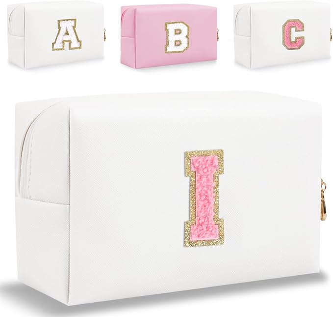 Small Personalized Letter Makeup Bag, Cute PU Leather Chenille Letters Cosmetic Bag Travel Makeup Pouch, Preppy Travel Organizer Zipper Pouch for Women&Girls（WhitePink-I）