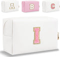 Small Personalized Letter Makeup Bag, Cute PU Leather Chenille Letters Cosmetic Bag Travel Makeup Pouch, Preppy Travel Organizer Zipper Pouch for Women&Girls（WhitePink-I）
