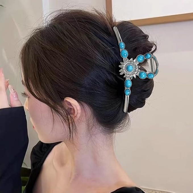 Turquoise Blue Stone Hair Clips, Large Metal Retro Sun Flower Style Claw Clip for Women Strong Hold Big Non-Slip Hair Catch Barrette Jaw Clamp for Long Thick Hair, Fashion Styling Accessories (2 Pack)
