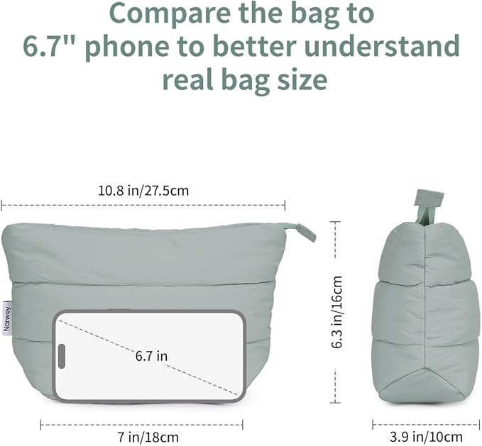 Narwey Small Makeup Bag for Travel Women Girl, Puffer Cosmetic Bag Makeup Pouch for Purse with Zipper, Cute Puffy Make Up Organizer Bags, Travel Toiletry Bag Toiletries (Sage Green)