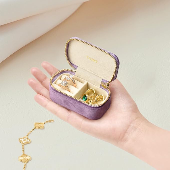 Small Travel Jewelry Case, Mini Tiny Plush Velvet Jewelry Box for Women and Girls, Pocket Size Jewelry holder organizer for Rings Earrings and Small Items(Lavender)