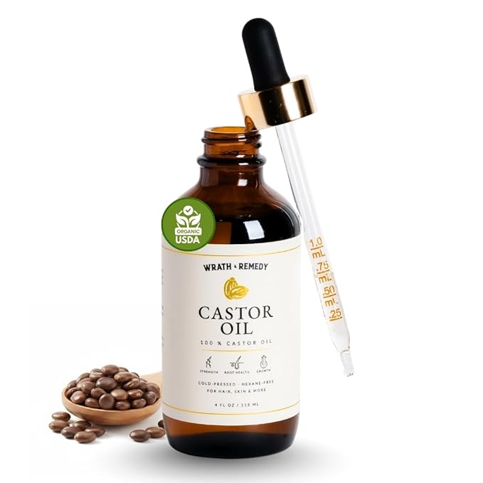 Castor Oil Organic Hexane Free — USDA Certified, 100% Pure Cold Pressed Organic Castor Oil for Hair Growth & Strength, Fuller Lashes & Eyebrows, Hydrated & Rejuvenated Skin (Finest Glass Bottle, 4OZ)