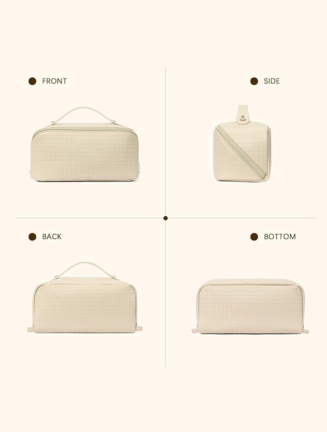 Telena Leather Make Up Bag Portable Travel Makeup Bag Waterproof Cosmetic Bags for Women Large Capacity With Handle and Divider Open Flat