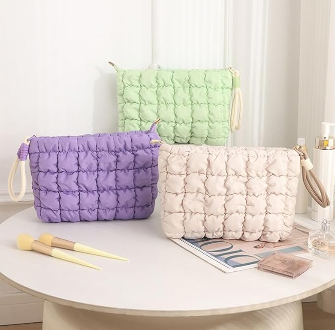 DOB SECHS Puffer Quilted Makeup Bag with Handle Detachable Cute Puffy Cotton Cosmetic Bag for Women, Small Toiletry Zipper Make Up Pouch, Checkered Quilt Clutch Bag Travel Storage Pouches Case, Green