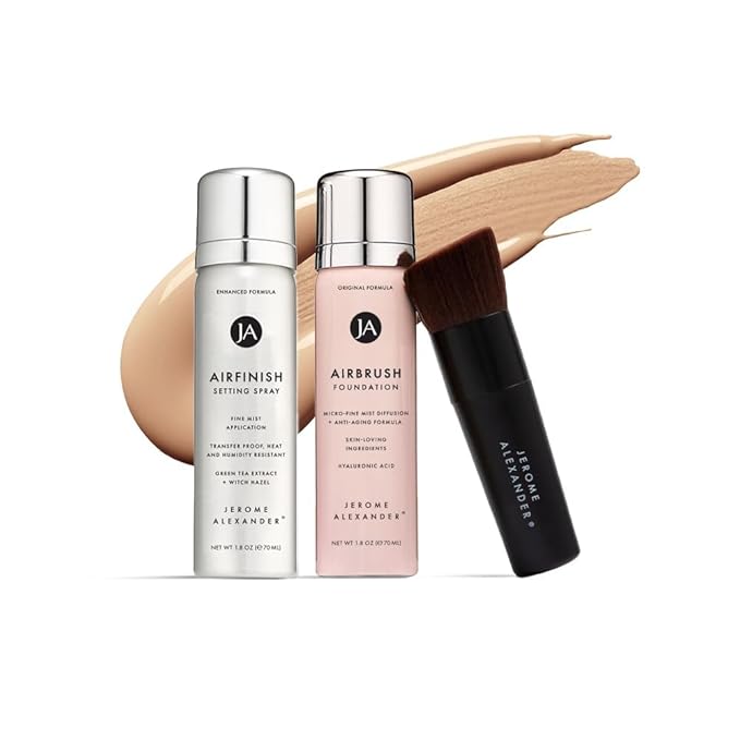 MagicMinerals AirBrush Foundation Set by Jerome Alexander – 3pc Set Includes AirFinish, Foundation and Kabuki Brush - Spray Makeup with Anti-aging Ingredients for Smooth Radiant Skin (Medium Dark)