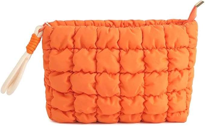 DOB SECHS Puffer Quilted Makeup Bag with Handle, Cute Puffy Cotton Cosmetic Bags for Women, Mini Checkered Toiletry Zipper Pouch, Travel Essentials Storage Organizer Clutch Pouches Pencil Case, Orange