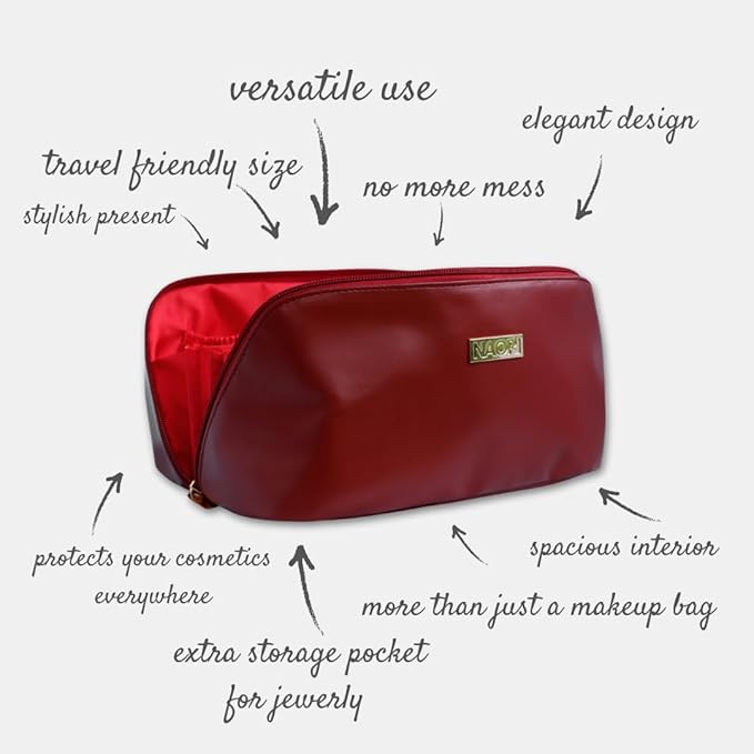 NAORI Travel Makeup Bag for Women | Large Luxury Cosmetic Organizer with Handle & Inner Pockets | Waterproof Leather Toiletry Bag | Makeup Case for Home, Travel & Gifting (Classic Burgundy)