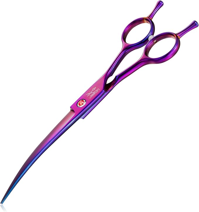 JASON 7.5" Dog Grooming Scissor - Professional Down-curved Shear with Ergonomic Handle Japanese Stainless Steel Trimming Scissor for Dogs, Cats and Other Pets, Sharp (Curved, Purple) Christmas Gift