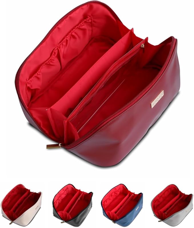 NAORI Travel Makeup Bag for Women | Large Luxury Cosmetic Organizer with Handle & Inner Pockets | Waterproof Leather Toiletry Bag | Makeup Case for Home, Travel & Gifting (Classic Burgundy)