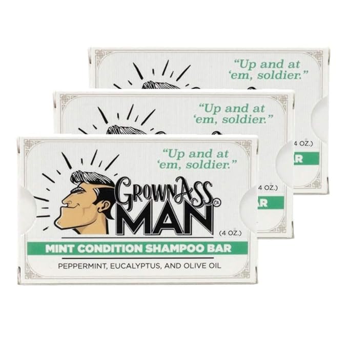 Grown Ass Man Co. - Solid Shampoo Bar Rich Lather 3 in 1: Hair, Beard & Body Wash - Plastic Free & Eco-Friendly, Natural & Organic Clean for All Hair Types, 4oz Bar (Mint Condition, 3-Pack)