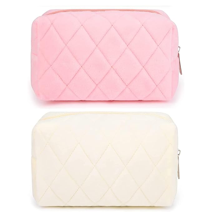 SOIDRAM 2 Pieces Makeup Bag Checkered Cosmetic Bag Plush Pink White Makeup Pouch Travel Toiletry Bag Organizer Cute Makeup Brushes Storage Bag for Women
