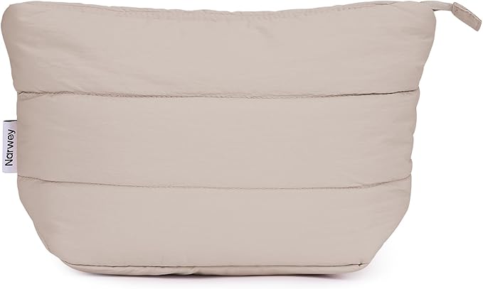 Narwey Small Makeup Bag for Travel Women Girl, Puffer Cosmetic Bag Makeup Pouch for Purse with Zipper, Cute Puffy Make Up Organizer Bags, Travel Toiletry Bag Toiletries (Khaki)