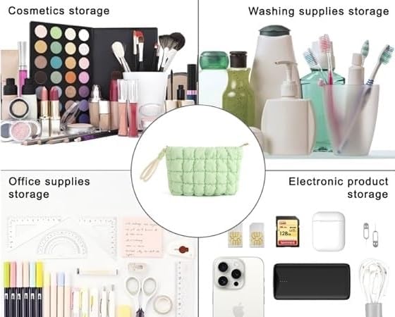 DOB SECHS Puffer Quilted Makeup Bag with Handle Detachable Cute Puffy Cotton Cosmetic Bag for Women, Small Toiletry Zipper Make Up Pouch, Checkered Quilt Clutch Bag Travel Storage Pouches Case, Green