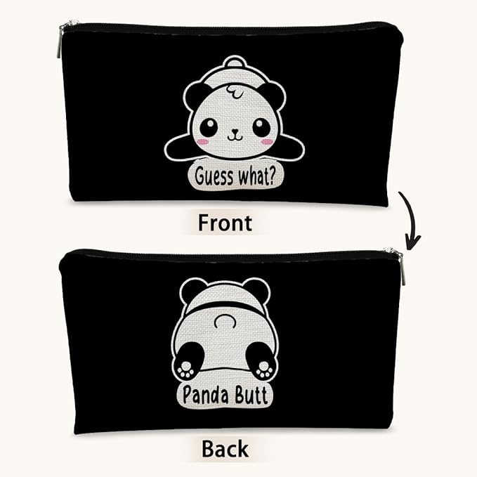 Panda Gifts Black Makeup Bag,Gifts for Panda Lover Wonmen Girls,Cute Baby Panda Guess What It's Pug Butt Cosmetic Bag,Makeup Case for Teen Girls Daughter,Panda Accessories,Canvas Zipper Pouch
