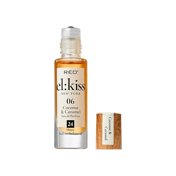 EL:KISS Roll On Perfume, Coconut & Caramel Eau de Parfum 12mL (.40 Fl Oz), Hydrating & Long-Lasting, Alcohol-Free & Mineral Oil-Free, Infused with Jojoba, Argan & Coconut Oil