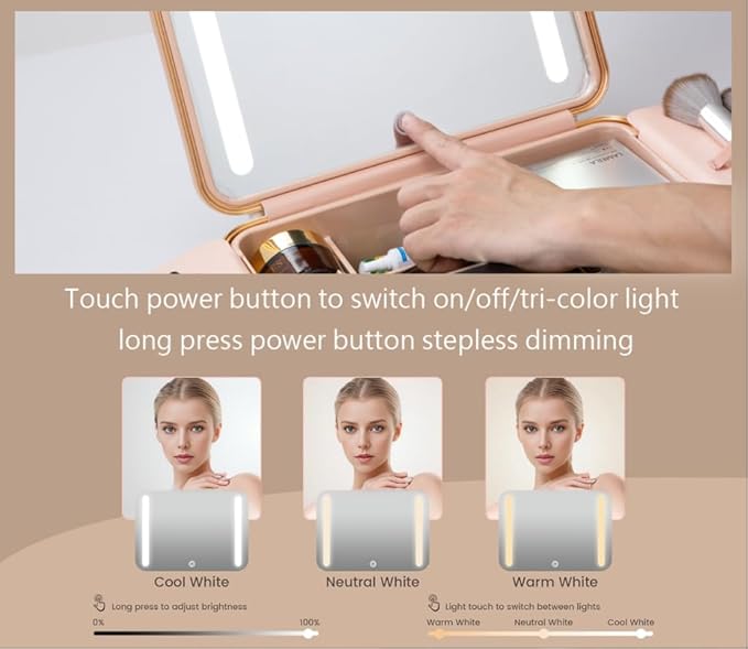Makeup Case with LED Lighted Mirror, 11.5''x 8.7'' Portable Travel Makeup Organizer, Toiletry Storage Makeup Bag Gift for Lady, DIY Dividers Makeup Box with 5X Magnifying Mirror (Pink)