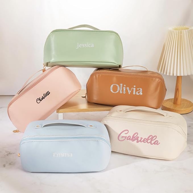 Personalized Open Flat Travel Makeup Bag with Name Real Leather Lazy Lay Flat Cosmetic Bags for Women Custom Toiletry Bag Womens Makeup Case Organizer Small Make Up Pouch for Traveling Large Capacity