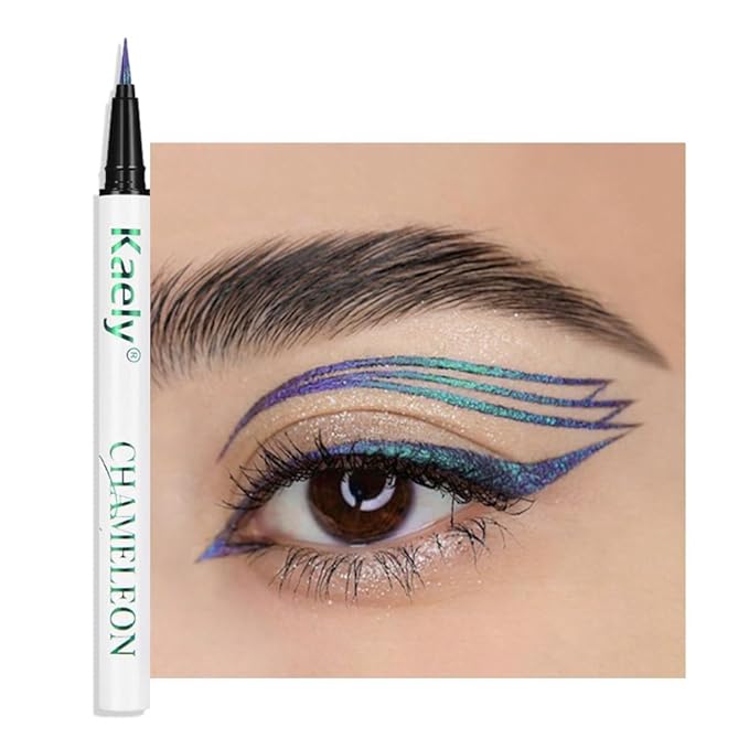 evpct Chameleon Duo Chrome Liquid Eyeliner, Teal Sapphire Blue Glitter Metallic Shimmer Liquid Eyeliner, Multichrome Color Shift, Long Lasting Waterproof Eye Liner Eyeshadow Pencil Face Glitter Makeup