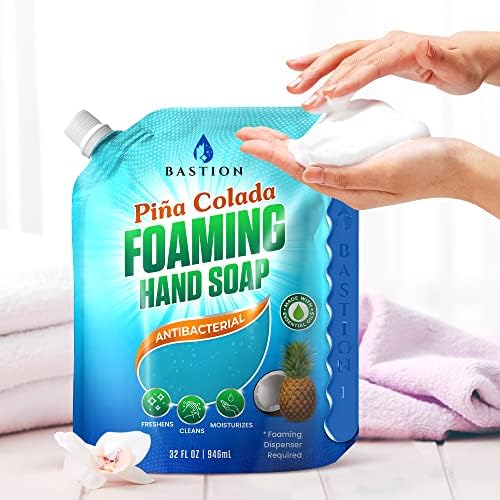 Bastion Foaming Hand Soap Refills: (6) 32oz Pouch Pina Colada Scented Antibacterial Instant-Foam Bulk Hand Wash