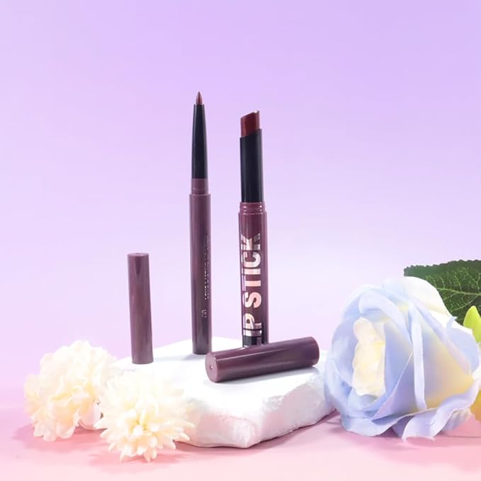 AMY'S DIARY 2Pcs Deep Purple Lipstick and Lip Liner Combo, Lip Liner and Lip Stick Kit for Women, Matte Lip Pencil and Smooth Hydrating Lipstick, Non-Stick Lip Makeup Set (08#Deep Plum Purple)