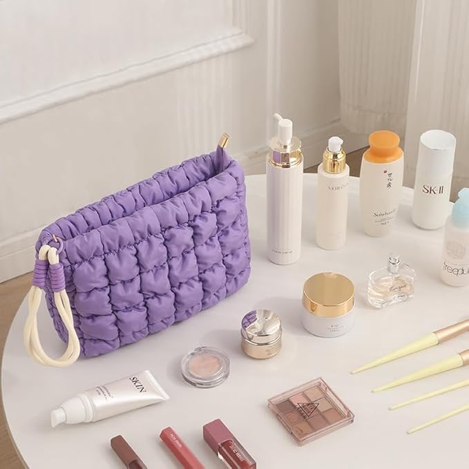 DOB SECHS Puffer Quilted Makeup Bag with Handle Detachable Cute Puffy Cotton Cosmetic Bag, Small Toiletry Zipper Make Up Pouch Purse, Checkered Clutch Bag, Travel Storage Organizer Case, Purple