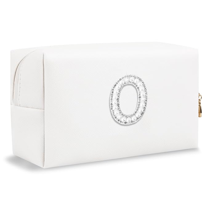 Bride Gifts – Personalized Initial Makeup Bag with Pearl Rhinestone Patch, Preppy White Monogram Cosmetic/Toiletry Pouch, bridesmaid Gifts, Bridal Shower Gifts, Wedding Gifts, Bridal Gifts,O