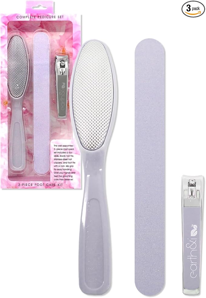 Earth & I -3 pc Manicure Pedicure Set: Large Nail Clipper, Callus Remover & Contour File, Stainless Steel Nail & Foot Care Kit for Men & Women, at Home Mani-Pedi Kit, Travel-Friendly Nail Care (Pink)