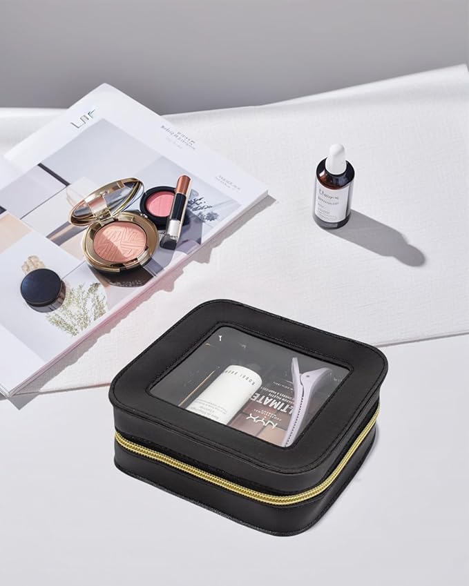 2 Pcs Clear Makup Bag Set, Clear Cosmetic Bags with Zipper Waterproof Small Travel Cosmetic Case Cute Make Up Pouch Mini Car Essentials for Women Travel Car Organizer (Mini Black)