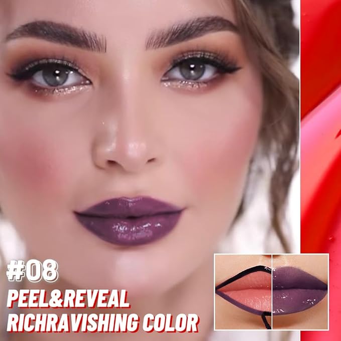Dark Purple Lip Stain Peel off Lip Oil Dual Ended Combo Set, 2 in 1 Lips Liner Stain Oil Peel off Long Lasting Waterproof, High Pigmented Flawless Lips Tint Stick Not Faded Vegan & Cruelty-free 08#