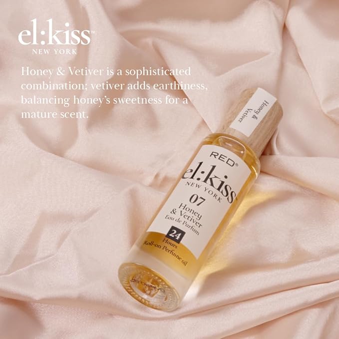 EL:KISS Roll On Perfume, Honey & Vetiver Eau de Parfum 12mL (.40 Fl Oz), Hydrating & Long-Lasting, Alcohol-Free & Mineral Oil-Free, Infused with Jojoba, Argan & Coconut Oil