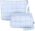 Richeart Makeup Bag Travel Toiletry Bag - Checkered Down Cotton Makeup Pouch for Women with Cosmetic and Pencil, Aesthetic Light blue Design, 2 Pieces